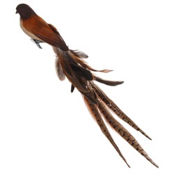 Птица 55 см коричневая, с хвостом из смеси натуральных перьев,  флокирование, хлопок, металлический  - фото 80675