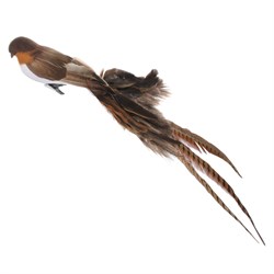 Птица 70 см, коричнево-белая с хвостом из смешанного натурального пера, с зажимом - фото 80684