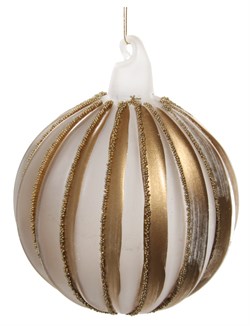 Стеклянный шар полосатый матовый с золотом и бусинами, 8 см - фото 84781