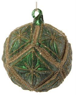 Стеклянный шар с цветочным рисунком зеленый засахаренный с золотыми бусинами, 10 см - фото 84784