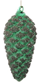 Стеклянная сосновая шишка зеленая засахаренная с серебряными блестками, 6x14 см - фото 84785