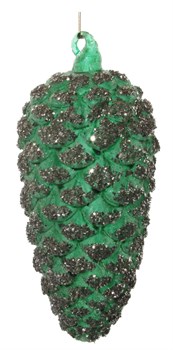 Стеклянная сосновая шишка зеленая засахаренная с серебряными блестками, 7x16 см - фото 84786