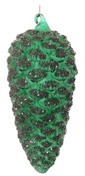 Стеклянная сосновая шишка зеленая засахаренная с серебряными блестками, 9x20 см - фото 84787