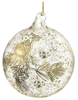 Стеклянный шар с золотым принтом в виде еловой ветки и сусального золота, 10 см - фото 84795