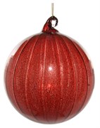 Стеклянный шар красный полосатый с блестками внутри, 10 см