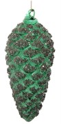 Стеклянная сосновая шишка зеленая засахаренная с серебряными блестками, 6x14 см