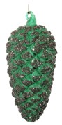 Стеклянная сосновая шишка зеленая засахаренная с серебряными блестками, 7x16 см