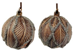 Стеклянный шар коричневый с серебряными листьями из бисера, 10см, 2 вида в асс.